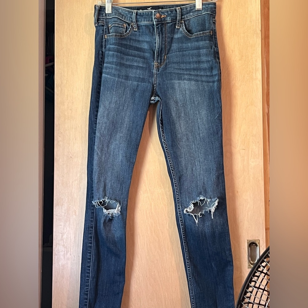 Hollister Women's Dark Blue Ripped High Rise Skinny Jeans
